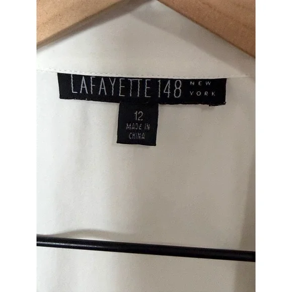 LAFAYETTE 148 White Cotton Blend Pleated 3/4 Sleeve‎ Collared Shirt Top Size 12 - Picture 4 of 7